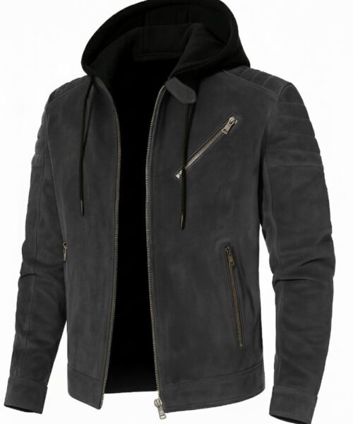 suede jacket, removable hood