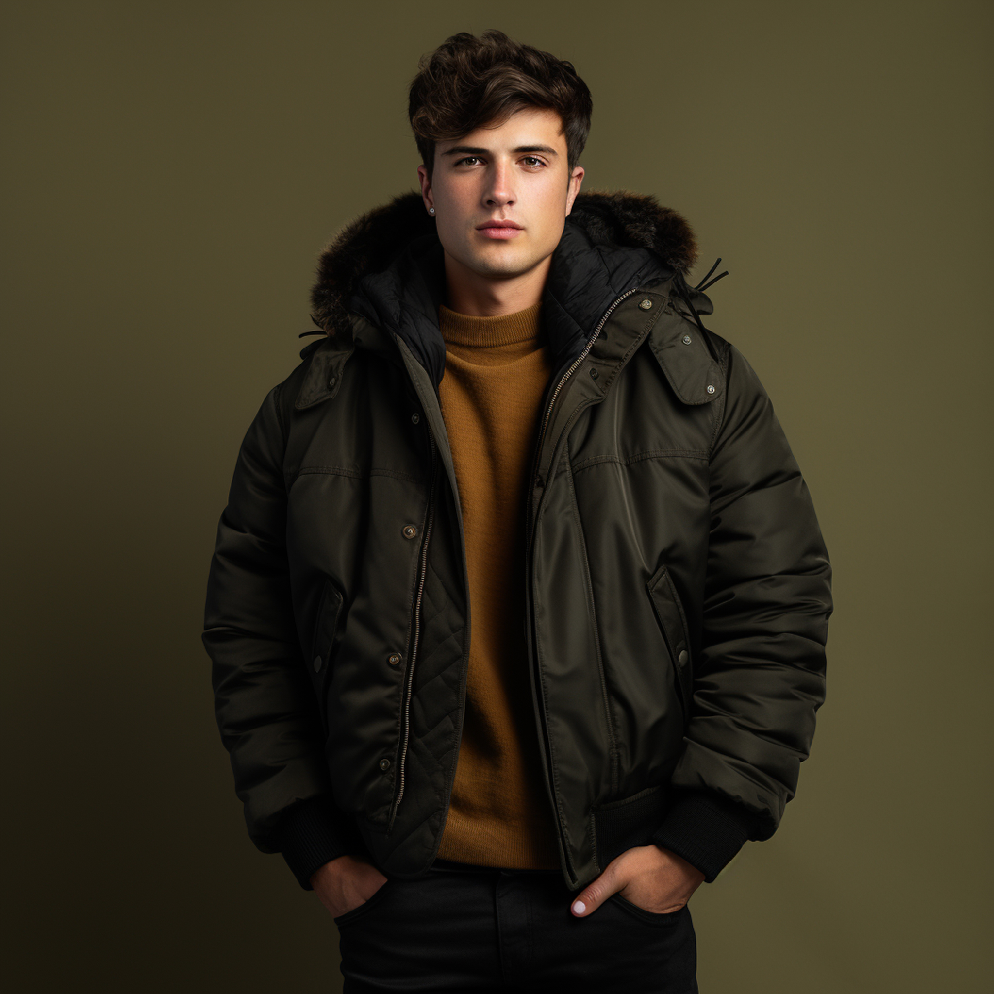 man wearing trendy highquality winter bomber jacket fashion photography
